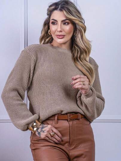 Blusa cropped feminina de tricot manga bufante lisa outono inverno thumbnail