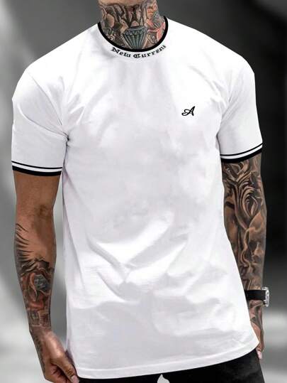 Manfinity Homme Camisetas Masculinas com corte justo, Camiseta gráfica de manga curta e gola redonda, Roupas de Verão Masculina, Top Casual de Malha thumbnail