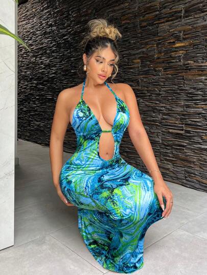 SHEIN SXY Vestido Sexy Feminino com Estampa de Mármore, Alça Curvada e Recortes thumbnail