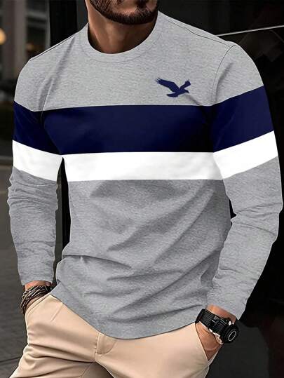 Nova Camiseta Casual de Manga Longa Masculina com Gola Redonda e Blocos de Cor para Outono thumbnail