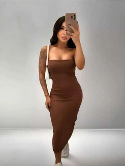 Vestido Midi Tomara que Caia Canelado em TECIDO ANARRUGA thumbnail