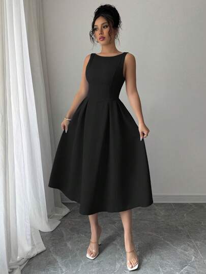 Elenzga Vestido Midi Cintura Marcada com Ombros à Mostra e Silhueta em A, Elegante para Mulheres thumbnail