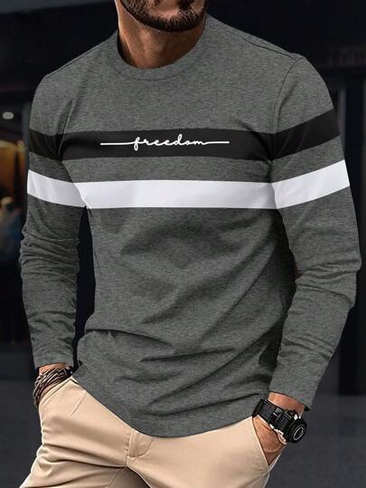 Camiseta de Manga Longa Masculina Casual e Estilosa para Esportes, Fitness, Praia e Férias, de Gola Redonda, Para Primavera/Outono thumbnail