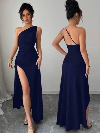 Calvaya Novo Vestido de Verão Sexy Preto com Ombros de Fora, Pregas, Recorte Vazado e Fenda Alta thumbnail