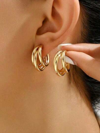 1 par de brincos de argola de aço inoxidável feminino, design elegante em camadas thumbnail