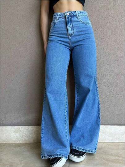 Calca jeans feminina Wide Leg cintura alta Sem Lycra thumbnail