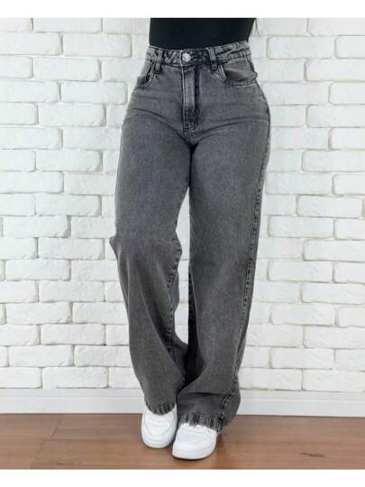 Calça Wide Leg Pantalona Jeans Feminina Cintura Alta Levanta Bumbum--88 thumbnail