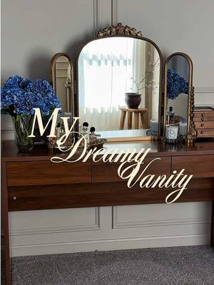 My warm wood vintage vanity reveal ✨All LINKS IN BIO layering brass, florals and soft textures to create a calm getting-