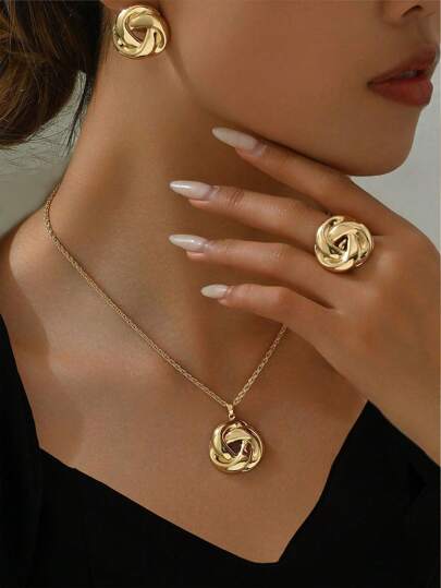 4 peças/Conjunto Minimalista de Joias de Metal Boho Laço Torcido, Colar com Pingente de Flor de Rosa e Brincos, Conjunto de Joias para Mulheres, Acessórios para Festa/Encontro, Presente para Dia dos Namorados, Mãe, Dia das Mães thumbnail