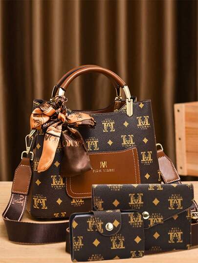 3 Peças Conjunto de Bolsas de Moda Feminina com Padrão Geométrico, Cor Marrom Escuro, Material de Couro Artificial, Forro de Poliéster, Borda de Óleo para Mulheres Elegantes thumbnail