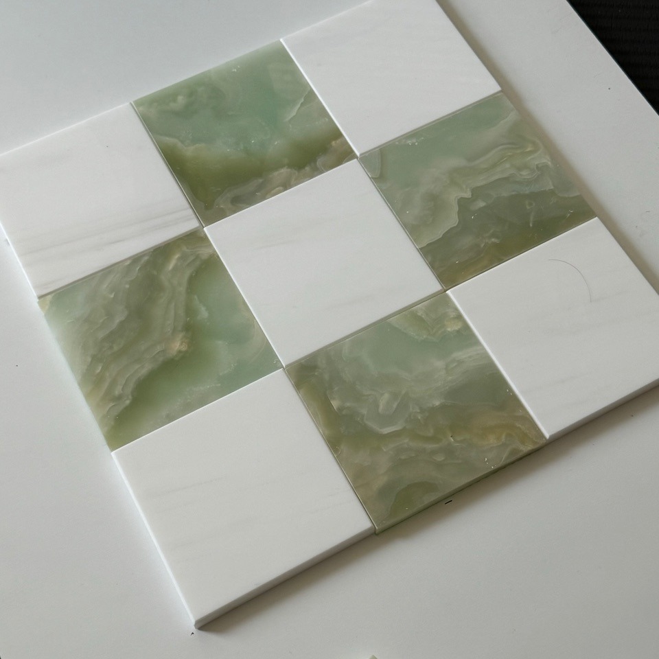 Green Onyx / Bianco Dolomite Checkerboard Tiles Polished  thumbnail