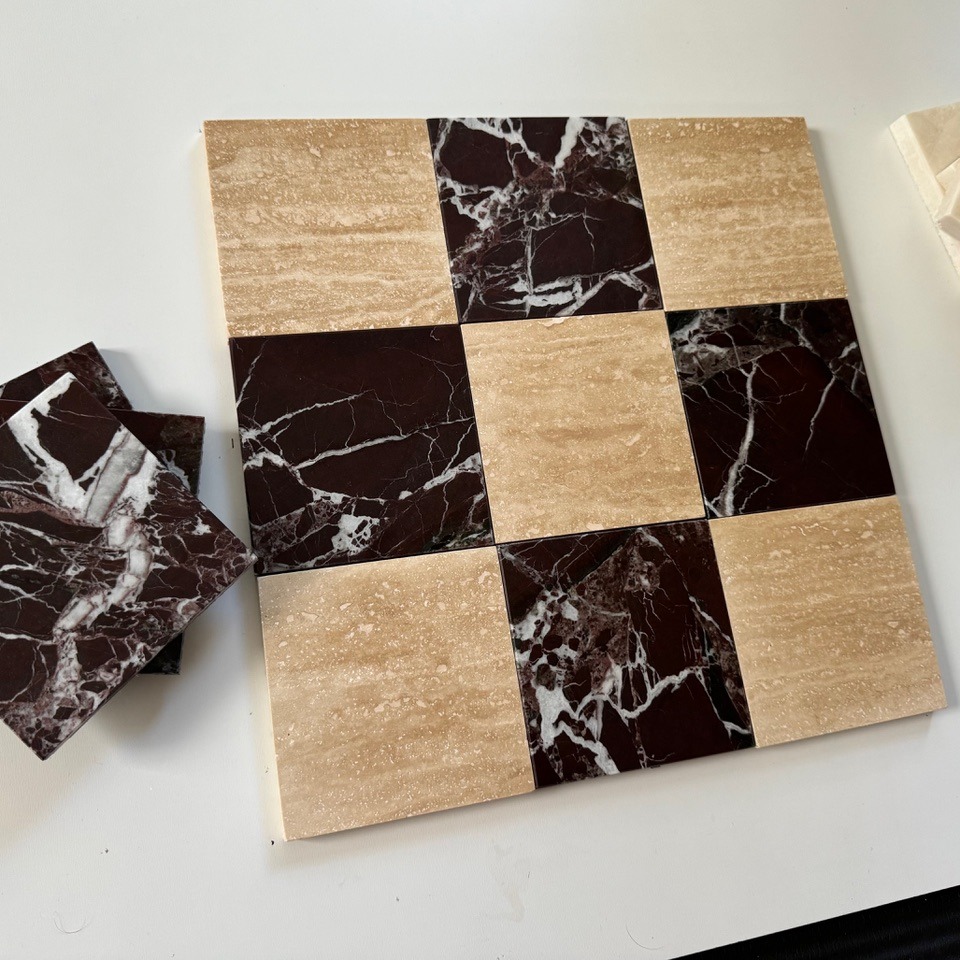 Rosso Levanto / Ivory Travertine Vein Cut Checkerboard Tiles thumbnail
