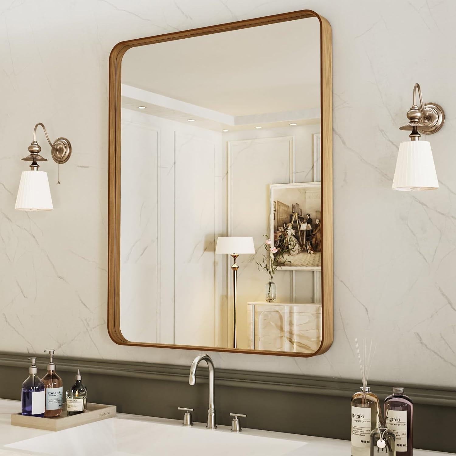 Rounded Rectangle Wood Grain Colored Metal Frame Mirror  thumbnail