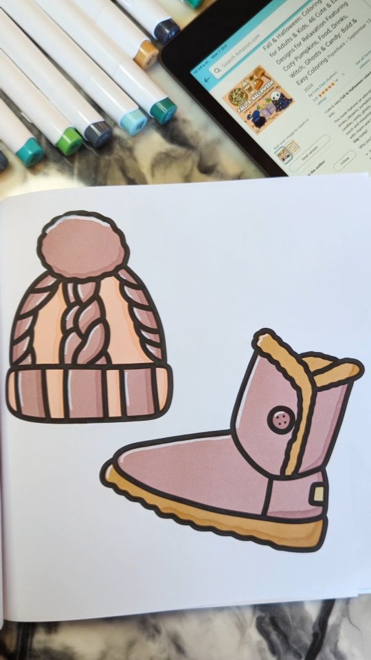 What colors would you choose for your cozy boots & beanie hat? 💕

This page is part of "Fall & Halloween Coloring Book" 