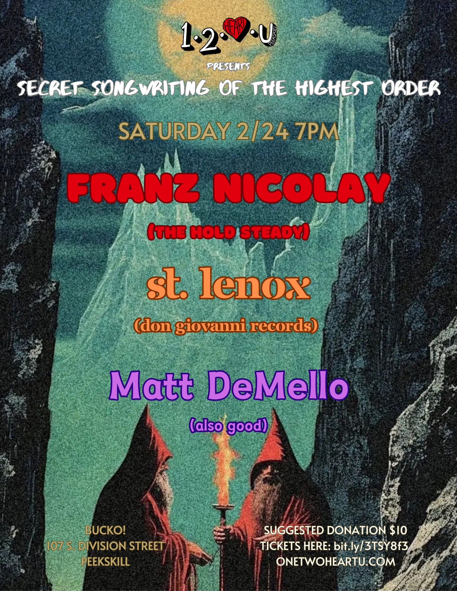 Secret Songwriting of the Highest Order! Franz Nicolay (The Hold Steady), St. Lenox, Matt DeMello 2/24/24 7pm at Bucko! 107 S. Division Street Peekskill thumbnail