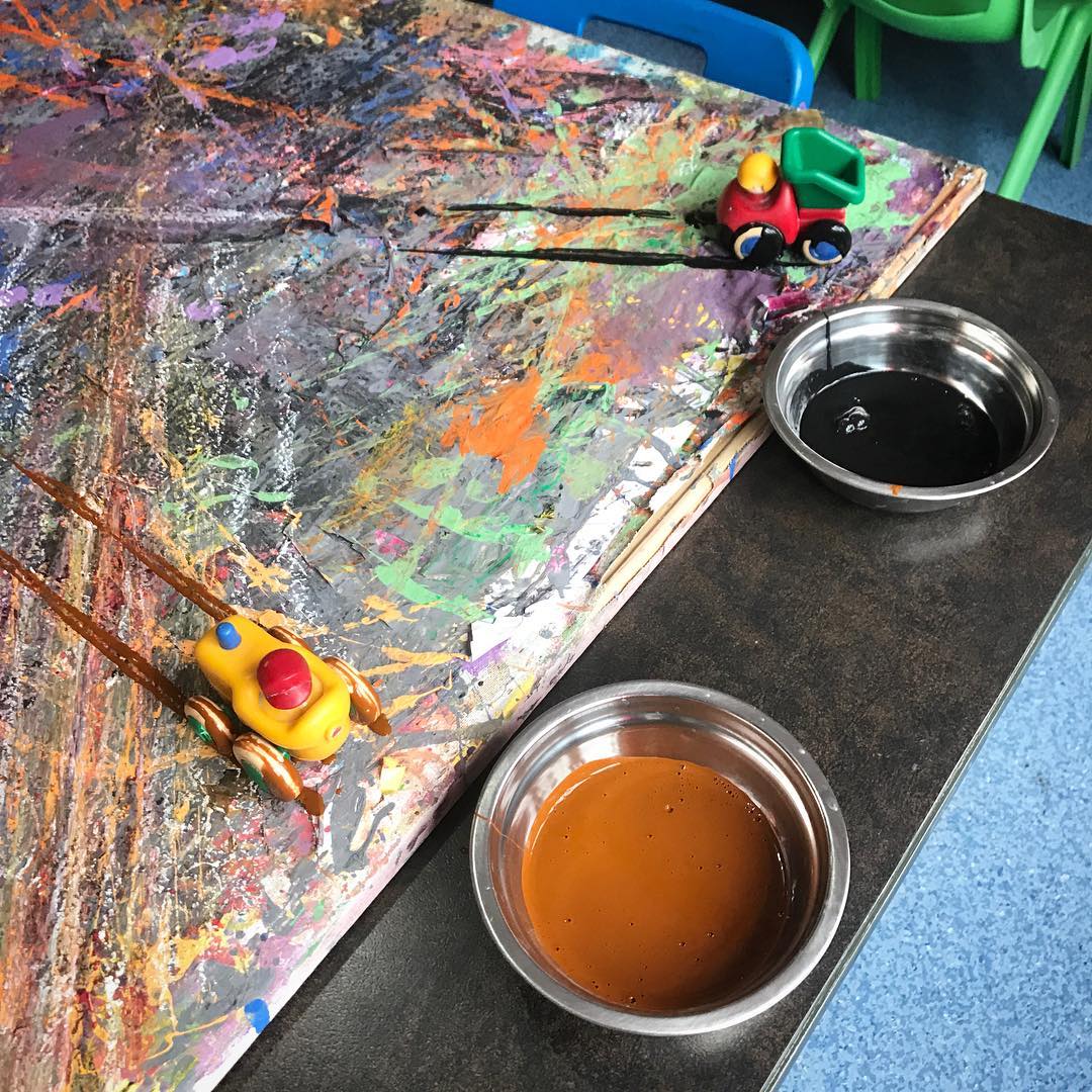 We offer shared art activities to support creativity and development of social skills. Today we revisited our car themed