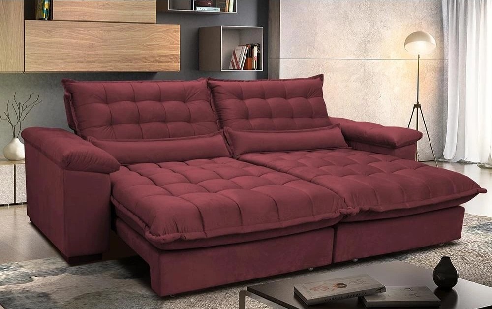 Sofá Retrátil e Reclinável 2,32m com Molas Ensacadas Cama inBox Aconchego Tecido Suede Vinho thumbnail