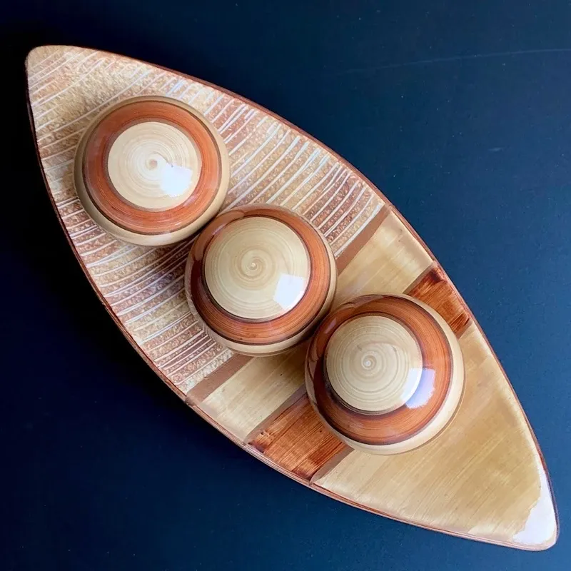 Kit Centro de Mesa com 3 Bolas Barca Prato Decorativo Cerâmica Enfeite de Sala thumbnail