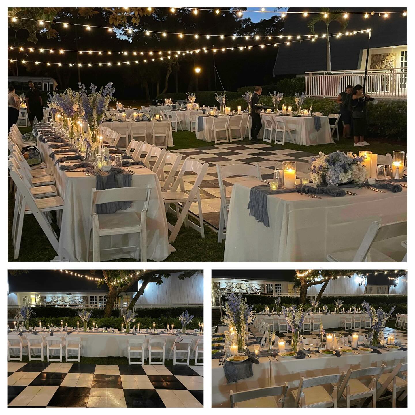 Picture perfect outdoor wedding at Innisbrook Resort. We provided the Market Lights and Black & White Checkered Danceflo