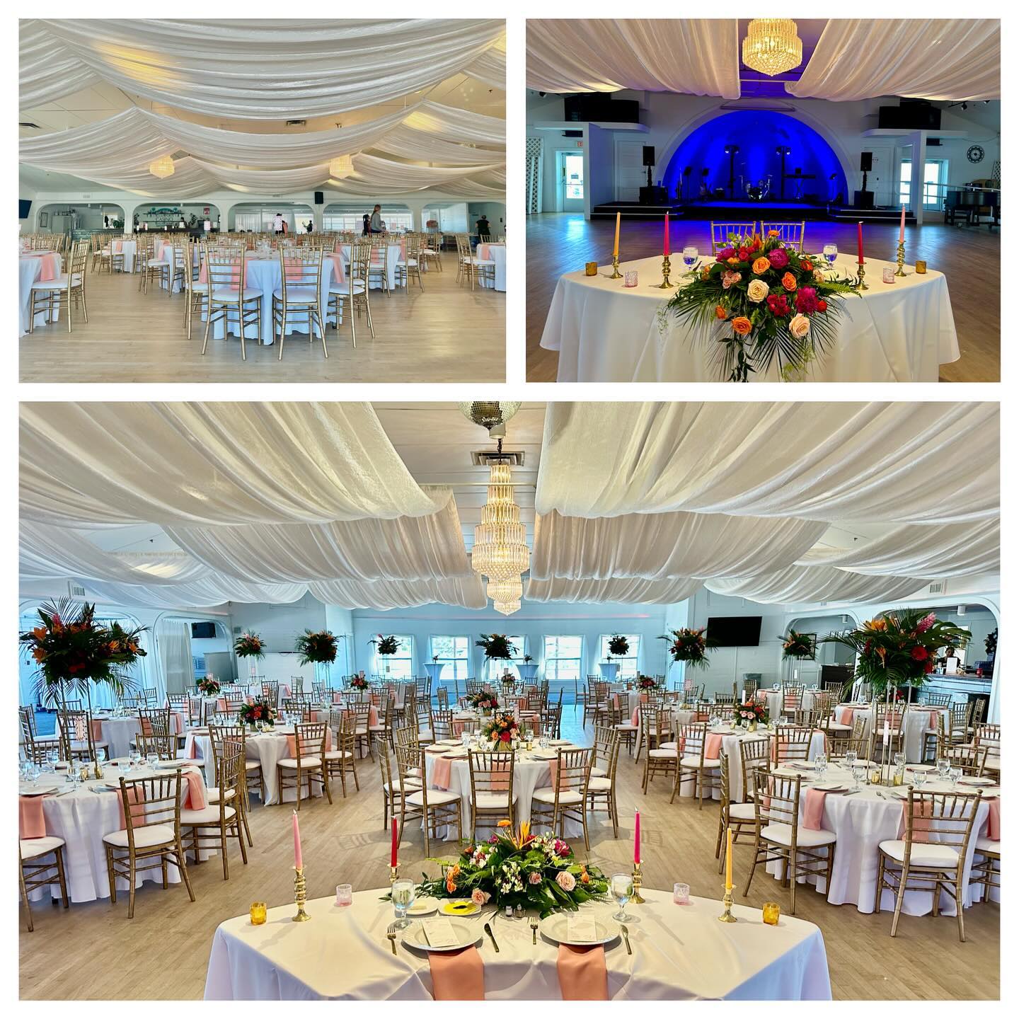 Love how this wedding turned out! We provided the Draped Ceiling Wave Panels, various Draped Areas, & The Vintage Love S