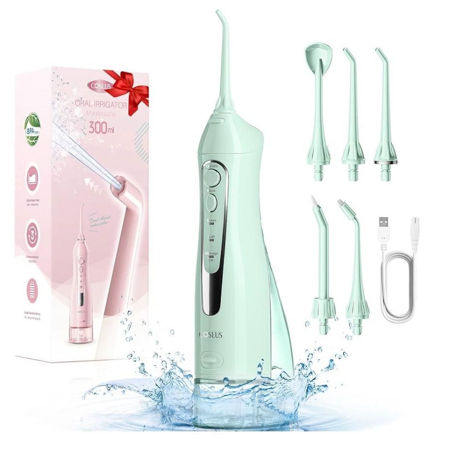 COSLUS Irrigador Bucal Portatil Flosser: 300ML Irrigador Dental Inalámbrico de Riego para Limpieza Dental Doble chorro de agua IPX7 Impermeable Limpieza Diente Para el Hogar baño y los Viajes (Verde) : Amazon.es: Salud y cuidado personal thumbnail