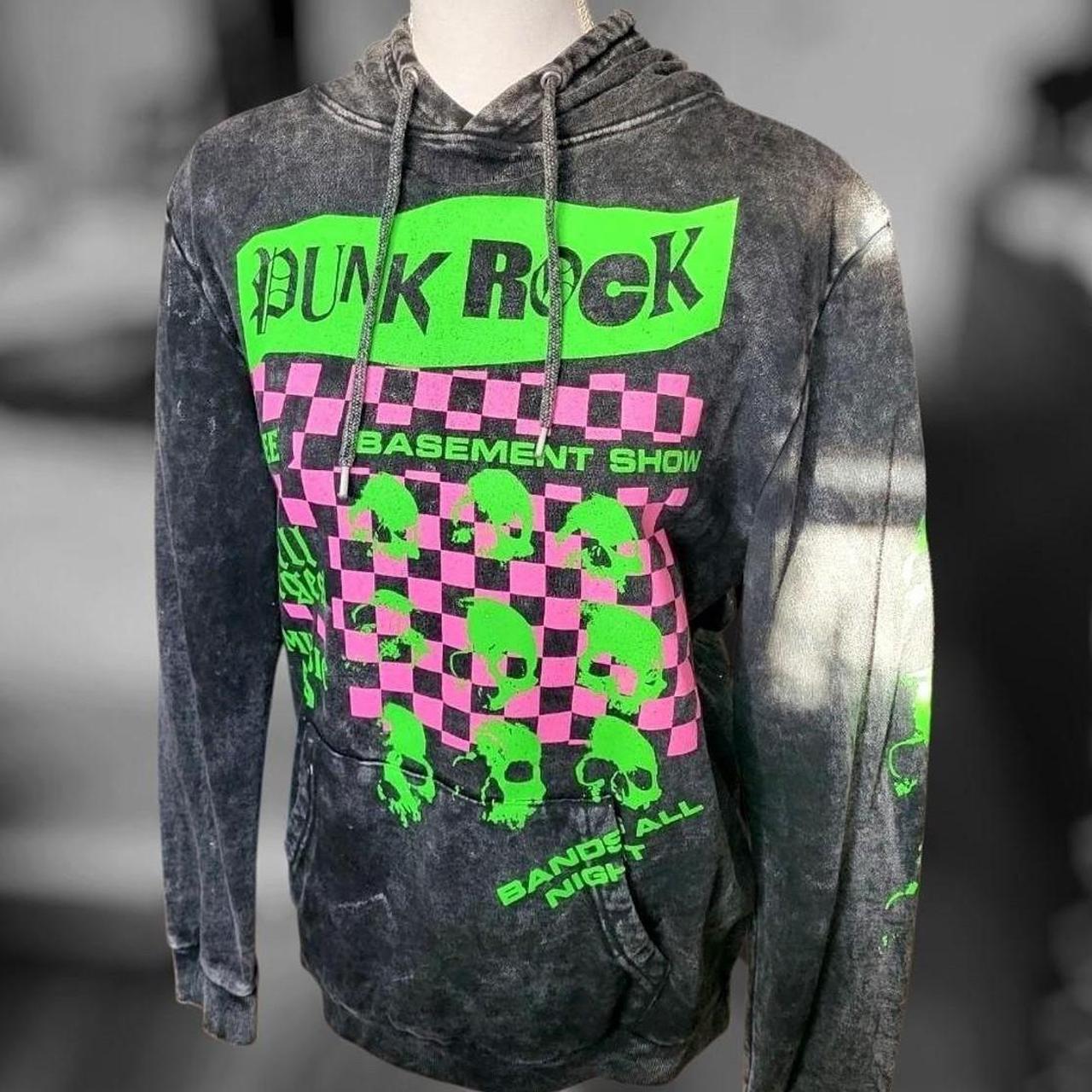 Dark grey, pink and green Punk Rock hoodie | Depop thumbnail