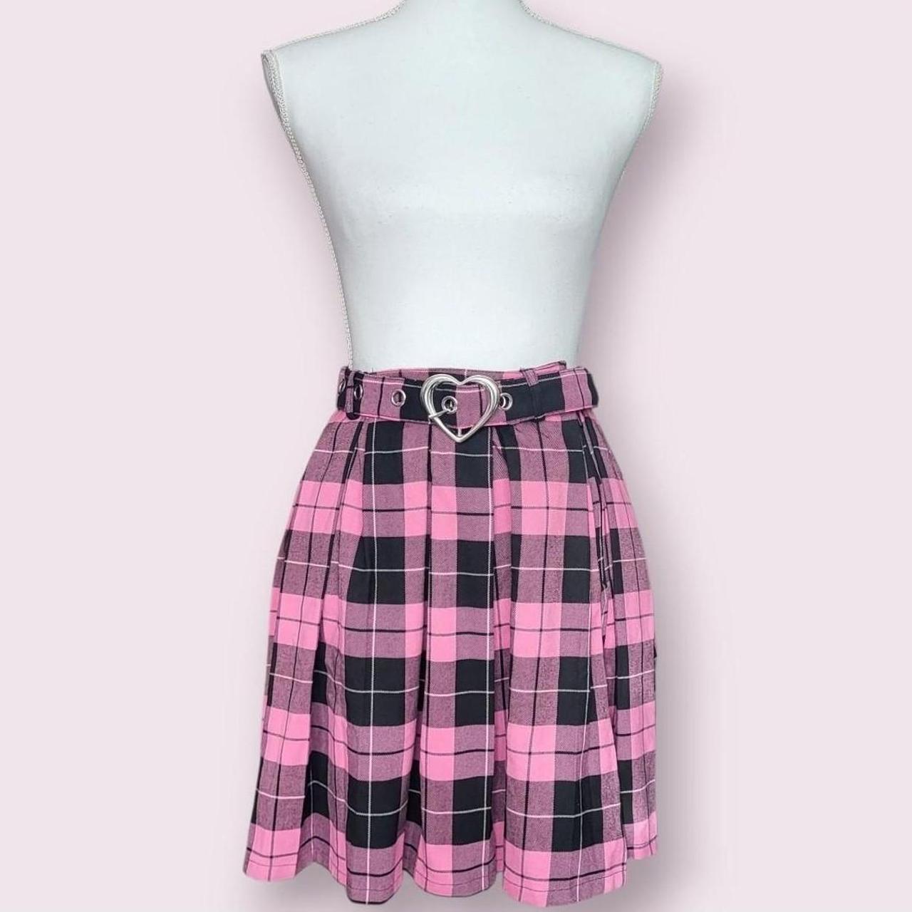 Pink and black plaid tartan pleated mini skirt | Depop thumbnail