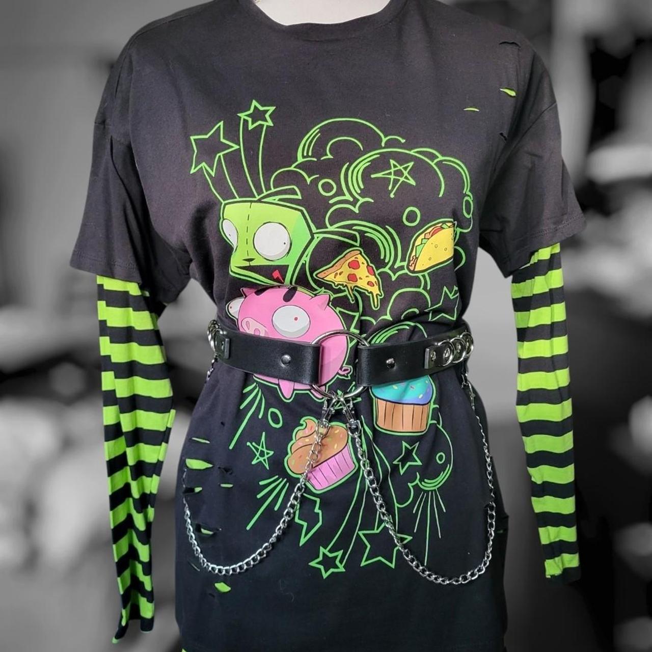Invader Zim graphic distressed striped green/black tee| Depop thumbnail