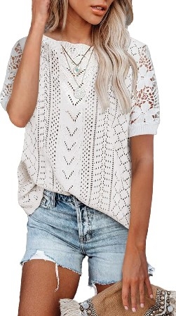 Womens Short Sleeve Lace Crochet Knit Pullover Top thumbnail