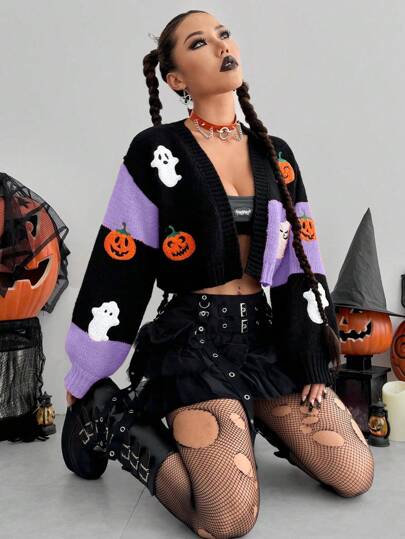 Flirla Women's Autumn Winter Drop Shoulder Casual Halloween Pumpkin Pattern Cardigan Clothes Fall Cloth For Women thumbnail