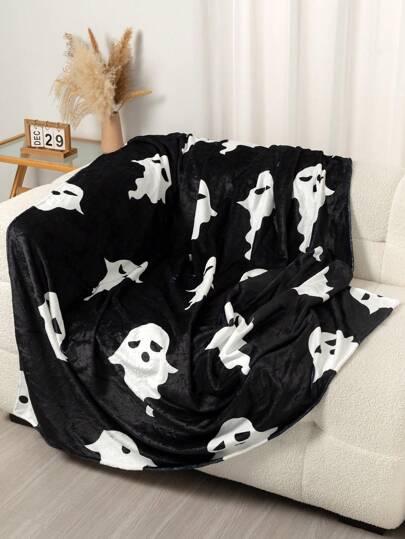 1pc Halloween Flannel Blanket, Digital Print White Ghost Pattern, Spooky Seasonal Happy Halloween Gift, Suitable For Sofa, Bed, Car, Office And Camping, Perfect All-Year-Round Gift, Halloween Decor, Throw Blanket, Nap Blanket thumbnail