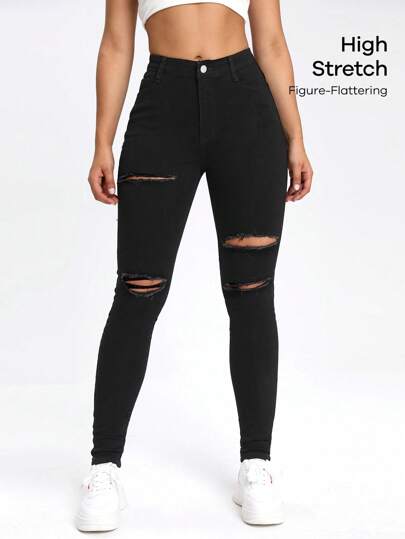 SHEIN EZwear Black Slant Pocket Ripped Skinny Jeans thumbnail