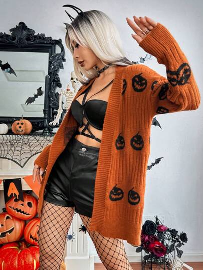 Chiquease Long Sleeve Casual Pumpkin Pattern Cardigan, Women Halloween Clothes,Long Sleeve Tops Fall Winter Cloth For Women thumbnail