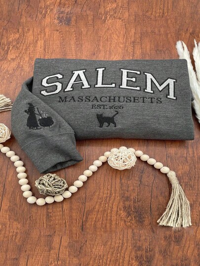 Lalippa Massachusetts Salem Sweatshirt, Halloween, Autumn Embroidered Sweatshirt, Horror Season Crew Neck Sweatshirt, Witch Embroidered Sleeve Women Hoodie Fall Cloth For Women thumbnail