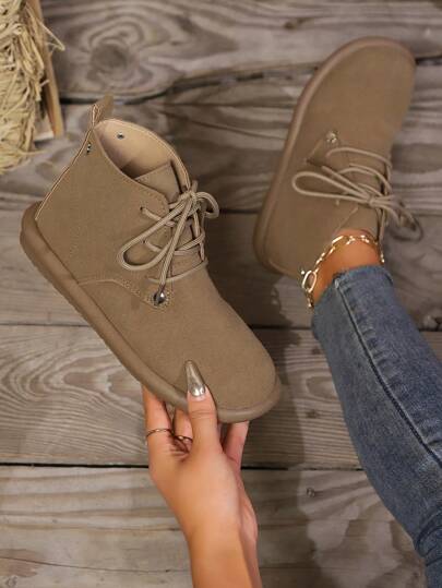 Women's Retro Thick Sole Combat Boots, Mid-Calf Motorcycle Work Boots, Round Toe Autumn Winter Ankle Boots, Brown Fall Shoes thumbnail
