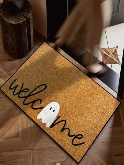 1pc New Halloween Ghost Welcome Pattern Small Rug, 100% Polyester Material, Machine Washable, Durable, Stain Resistant, Quick Drying, Suitable For Indoor/Outdoor Doormat, Home Decor, Bedroom, Kitchen, Photography, Props, Outdoor Decoration, Gift thumbnail