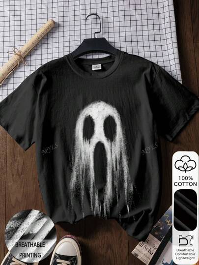 Spooky Season Halloween Ghost Pattern White Ink Direct Injection, Comfortable And Breathable Printing, Summer Women's Casual Fashion 100% Cotton Round Neck Short-Sleeved Tops, Summer T-Shirts, Casual Women's Pattern T-Shirts, Pure Cotton T-Shirts,Halloween2025,Scary Costumes,Funny Costumes thumbnail