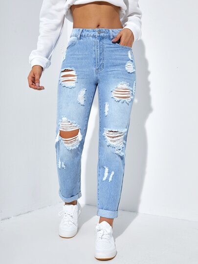 SHEIN EZwear Ripped Roll Up Hem Straight Leg Jeans thumbnail