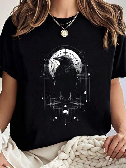 100% Cotton Raven Crow Dark Bird Witchcraft Omens Midnight T-Shirt Summer Tops For Women thumbnail