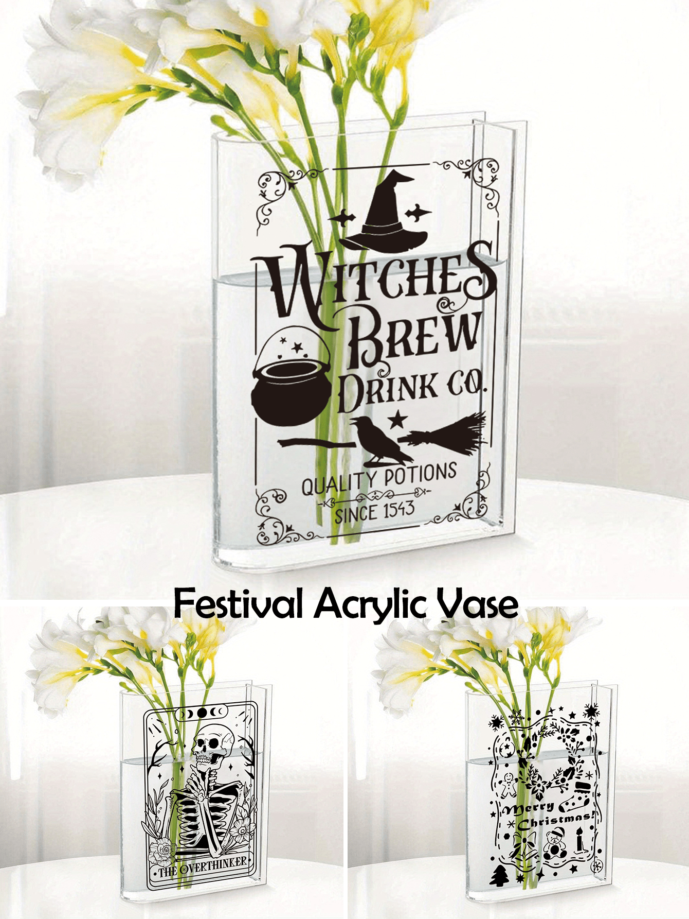 1Pc Witches Brew Acrylic Book Shape Flower Vase, Witchy Halloween Home Decor, Christmas Lover Gift, Witch Hat Broom Halloween Flower Vase, Home Decor, Skeleton Reading Home Decor For Book Enthusiasts, Book Lover Gift, Bookish Gift, Tarot Lover Gift Halloween Decor Room Decor thumbnail