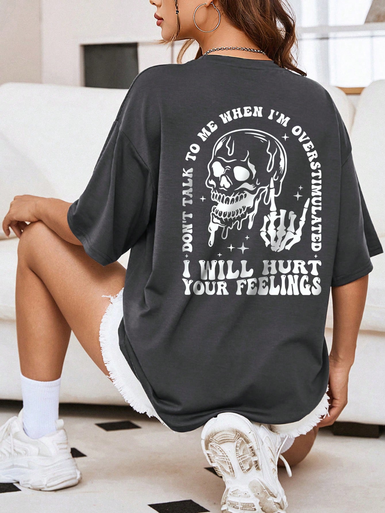 INAWLY Women's Skull Printed Loose Fit T-Shirt DON'T TALK TO ME WHEN I'M OVERSTIMULATED I WILL HURT YOUR FEELINGS Graphic Tees Women Tops thumbnail
