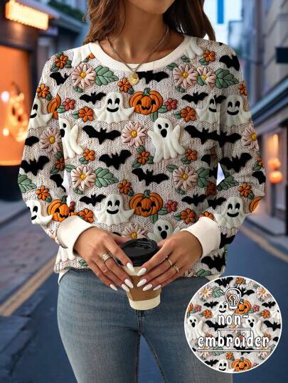 EMERY ROSE Plus Size Halloween Ghost, Pumpkin & Bat Print Raglan Long Sleeve Sweatshirt Pullover Fall Outfit thumbnail