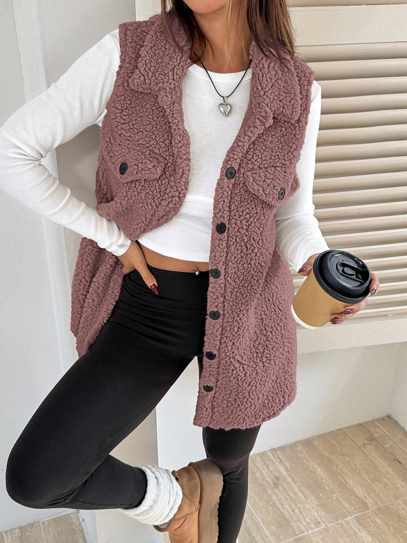 SHEIN EZwear Women's Sleeveless Minimalist Button Front Pockets Casual Jacket, Daily Wear thumbnail