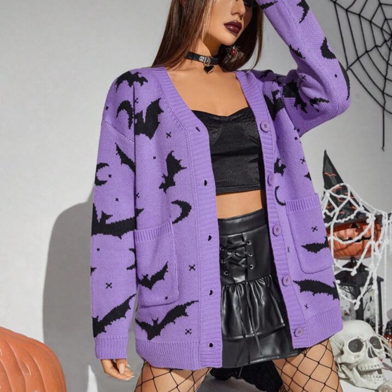 //PUNK Halloween Bat Pattern Drop Shoulder Cardigan  thumbnail