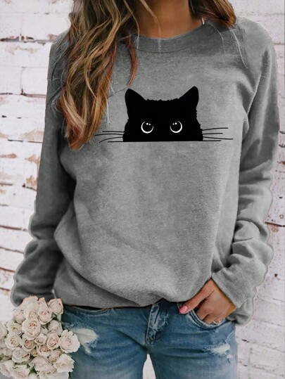 INAWLY Women Cat Pattern Print Crew Neck Long Sleeve Casual T-Shirt, Autumn/Winter Graphic Tees Women Tops For Spring Fall Cloth For Women thumbnail