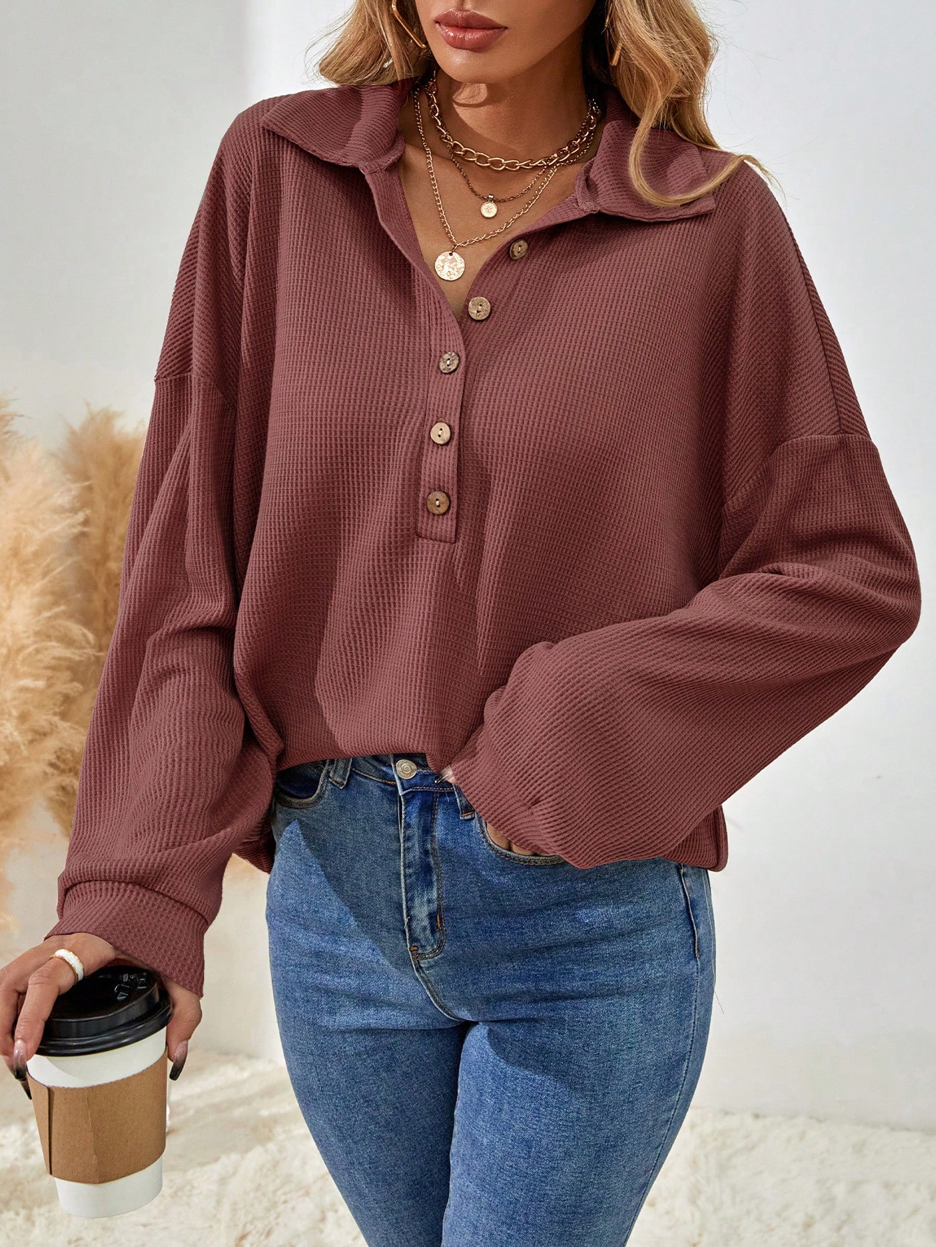 EMERY ROSE Solid Color Half-Breasted Drop Shoulder T-Shirt thumbnail