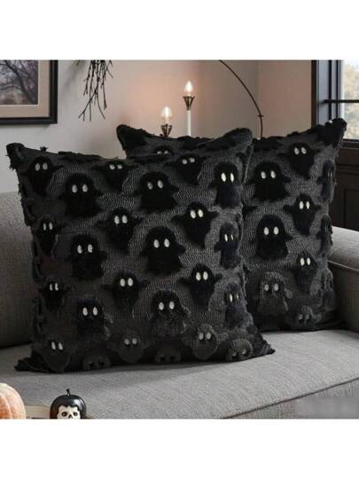 1pc 18x18 Inch Black 3D Ghost Plush Quilted Pillow Cover, Cute Horror Halloween Throw Pillow Case, Dark Funny Sofa Cushion Cover, Suitable For Halloween Party/Horror Cute Bedroom/Japanese Thriller Decor/German Gag Decor/Trick Or Treat thumbnail