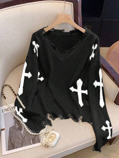 Chiquease Women's Casual Cross Pattern Distressed Sweater, Autumn/Winter Knit Pullover Fall Outfit thumbnail