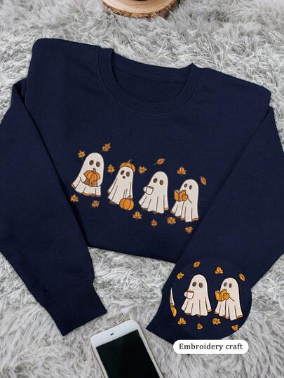 Lalippa Embroidered Horror Autumn T-Shirt Vintage Halloween Pumpkin Horror Season Sweatshirt Ghost And Pumpkin T-Shirt Halloween Gift Women's Embroidered Pattern Crew Neck T-Shirt thumbnail