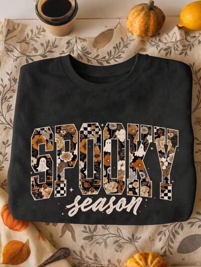 Lalippa Halloween Ghost Season, Autumn Pumpkin, Ghost Mom Thermal Lined Graphic Print Crew Neck Sweatshirt For Women Pullover Fall Outfit thumbnail